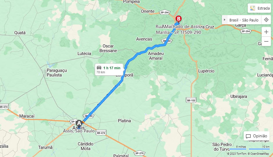 Trajeto Assis-Marília via google maps (acessado em 23 de maio de 2013)